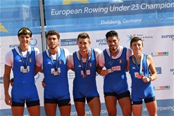 Matteo Della Valle (b), Aniello Sabbatino, Jacopo Frigerio, Davide Comini (s), Filippo Wiesenfeld (c), Men's Coxed Four, Italy, Silver, 2020 European Rowing Under 23 Championships, Duisburg, Germany