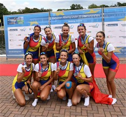 Lorena Constantin (b), Ioana-Madalina Morosan, Madalina-Gabriela Casu, Iuliana Timoc, Ioana-Irina Acsinte, Roxana-Iuliana Anghel, Amalia Bucu, Raluca-Georgiana Dinulescu (s), Victoria-Stefania Petreanu (c), Women's Eight, Romania, 2020 European Rowing Under 23 Championships, Duisburg, Germany