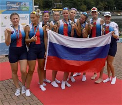 Sofiia Budanova (b), Anastasiia Bazhenova, Anna Kovtun, Elena Zakhvatova, Marina Rubtsova, Daria Kukushkina, Elena Daniliuk, Elena Shapurova (s), Alla Neustroeva (c), Women's Eight, Russian Federation, 2020 European Rowing Under 23 Championships, Duisburg, Germany