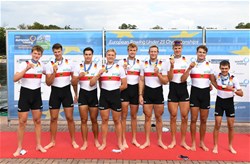 Mark Hinrichs (b), Benjamin Leibelt, Benedict Eggeling, Floyd Benedikter, Ole Kruse, Mattes Schoenherr, Julian Garth, Jasper Angl (s), Florian Koch (c), Men's Eight, Germany, 2020 European Rowing Under 23 Championships, Duisburg, Germany