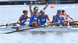 Alessandro Gardino (b), Emilio Pappalettera, Giorgio Battigaglia, Simone Fasoli (s), Men's Four, Italy, 2019 World Rowing Junior Championships, Tokyo, Japan