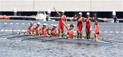 Xiao Wang (b), Yixi Xu, Xia Li, Qian Li, Yanrong Wang, Peixin Zhang, Mingxia Sun, Rongrong Yang (s), Jiayi Song (c), Women's Eight, People's Republic of China, 2019 World Rowing Junior Championships, Tokyo, Japan