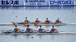 Balthasar Issa (b), Edward Roy, Julian Van Gelderen, Miles Devereux (s), Men's Quadruple Sculls, Great Britain, 2019 World Rowing Junior Championships, Tokyo, Japan
