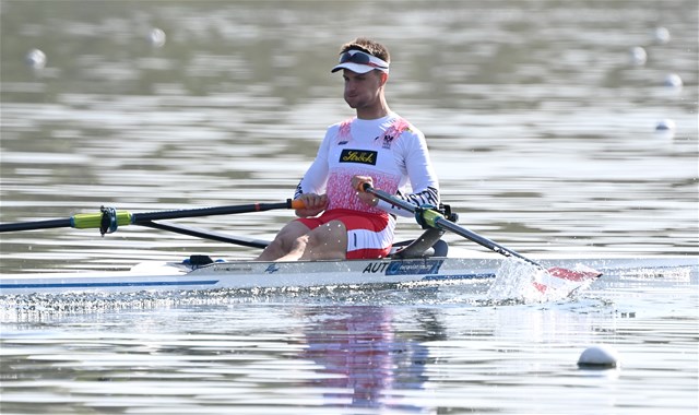 Lukas Reim, Men's Single Sculls, Austria, Heats, 2021 World Rowing European Olympic and Paralympic Qualification Regatta, Varese, Italy - photo Detlev Seyb / Myrowingphoto.com