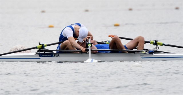 Juho-Pekka Petaejaeniemi (b), Kasper Hirvilampi (s), Lightweight Men's Double Sculls, Finland, Repechages, 2021 World Rowing European Olympic and Paralympic Qualification Regatta, Varese, Italy - photo Detlev Seyb / Myrowingphoto.com