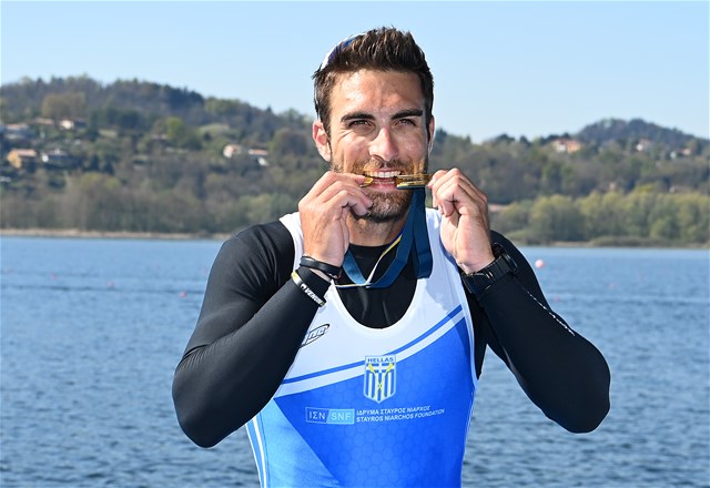 Stefanos Ntouskos, Men's Single Sculls, Greece, Finals, Podium, 2021 World Rowing European Olympic and Paralympic Qualification Regatta, Varese, Italy - photo Detlev Seyb / Myrowingphoto.com