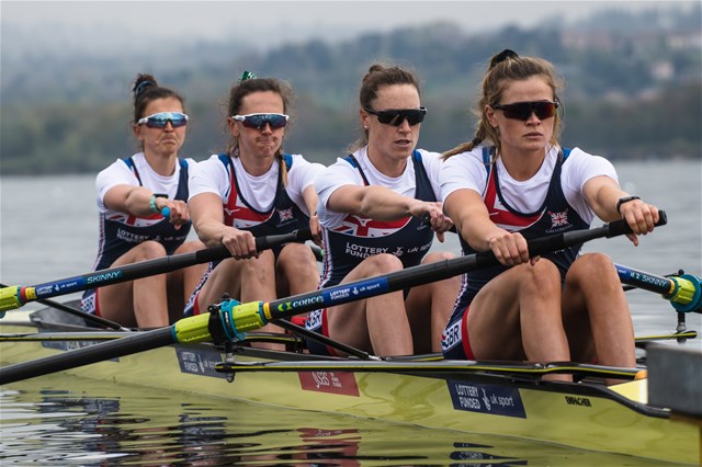 Rowan Mckellar (b), Harriet Taylor, Karen Bennett, Rebecca Shorten (s), Women's Four, Great Britain, 2021 European Rowing Championships, Varese, Italy / Benedict Tufnell