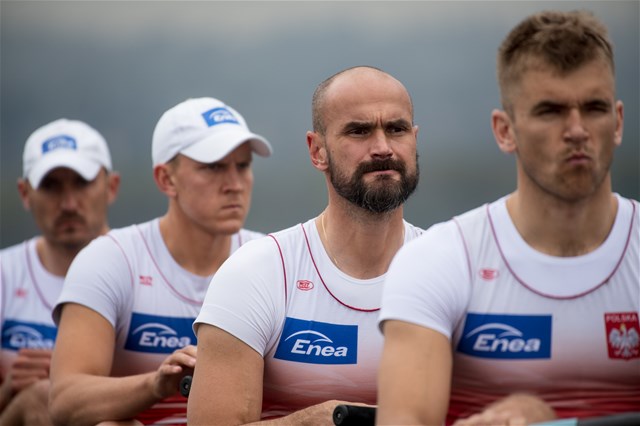 Mateusz Wilangowski (b), Lukasz Posylajka, Mikolaj Burda, Michal Szpakowski (s), Men's Four, Poland, 2021 European Rowing Championships, Varese, Italy / Benedict Tufnell