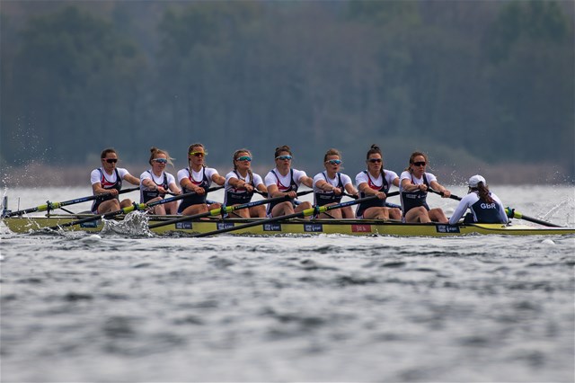 Sara Parfett (b), Rebecca Edwards, Chloe Brew, Caragh Mcmurtry, Beccy Muzerie, Emily Ford, Katherine Douglas, Fiona Gammond (s), Matilda Horn (c), Women's Eight, Great Britain, 2021 European Rowing Championships, Varese, Italy / Benedict Tufnell