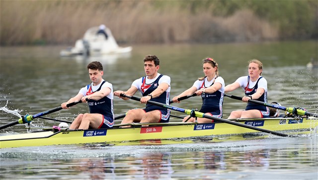 Ellen Buttrick (b), Giedre Rakauskaite, James C. Fox, Oliver Stanhope (s), Erin Kennedy (c), PR3 Mixed coxed four , Great Britain, 2021 European Rowing Championships, Varese, Italy / Detlev Seyb/MyRowingPhoto.com