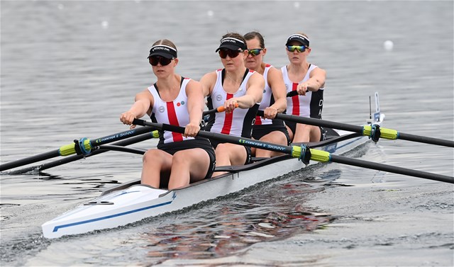 Frida Sanggaard Nielsen (b), Nina Hollensen, Hedvig Rasmussen, Christina Johansen (s), Women's Four, Denmark, 2021 European Rowing Championships, Varese, Italy / Detlev Seyb/MyRowingPhoto.com