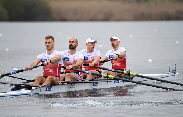 Mateusz Wilangowski (b), Lukasz Posylajka, Mikolaj Burda, Michal Szpakowski (s), Men's Four, Poland, 2021 European Rowing Championships, Varese, Italy / Detlev Seyb/MyRowingPhoto.com