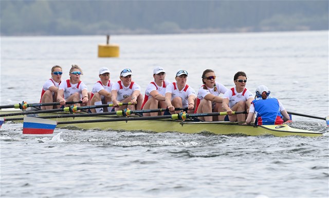 Elena Daniliuk (b), Elizaveta Kovina, Ekaterina Sevostianova, Anna Karpova, Ekaterina Potapova, Anastasia Tikhanova, Olga Zaruba, Elizaveta Kornienko (s), Elizaveta Krylova (c), Women's Eight, Russian Federation, 2021 European Rowing Championships, Varese, Italy / Detlev Seyb/MyRowingPhoto.com