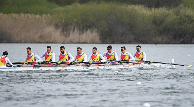 Alexandru Chioseaua (b), Florin-Sorin Lehaci, Constantin Radu, Sergiu-Vasile Bejan, Vlad-Dragos Aicoboae, Constantin Adam, Florin Arteni-Fintinariu, Ciprian Huc (s), Adrian Munteanu (c), Men's Eight, Romania, 2021 European Rowing Championships, Varese, Italy / Detlev Seyb/MyRowingPhoto.com