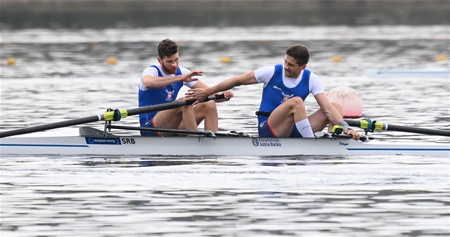 Martin Mackovic (b), Milos Vasic (s), Men's Pair, Serbia, 2021 European Rowing Championships, Varese, Italy / Detlev Seyb/MyRowingPhoto.com