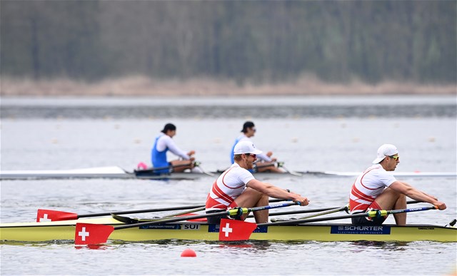 Barnabe Delarze (b), Roman Roeoesli (s), Men's Double Sculls, Switzerland, 2021 European Rowing Championships, Varese, Italy / Detlev Seyb/MyRowingPhoto.com