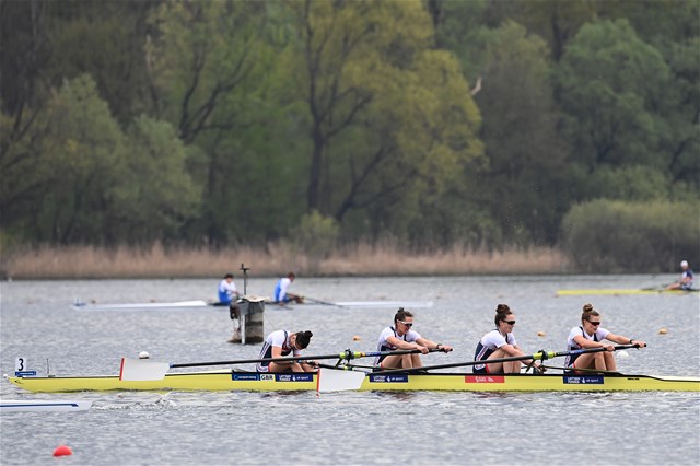 Rowan Mckellar (b), Harriet Taylor, Karen Bennett, Rebecca Shorten (s), Women's Four, Great Britain, 2021 European Rowing Championships, Varese, Italy / Detlev Seyb/MyRowingPhoto.com