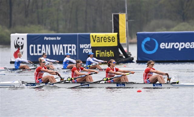Joanna Dittmann (b), Olga Michalkiewicz, Monika Chabel, Maria Wierzbowska (s), Women's Four, Poland, 2021 European Rowing Championships, Varese, Italy / Detlev Seyb/MyRowingPhoto.com