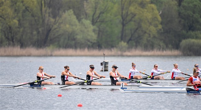 Frida Sanggaard Nielsen (b), Nina Hollensen, Hedvig Rasmussen, Christina Johansen (s), Women's Four, Denmark, 2021 European Rowing Championships, Varese, Italy / Detlev Seyb/MyRowingPhoto.com