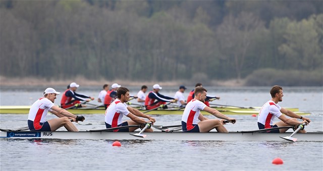 Vasily Stepanov (b), Maksim Golubev, Ilia Ivanov, Dmitry Kuznetsov (s), Men's Four, Russian Federation, 2021 European Rowing Championships, Varese, Italy / Detlev Seyb/MyRowingPhoto.com