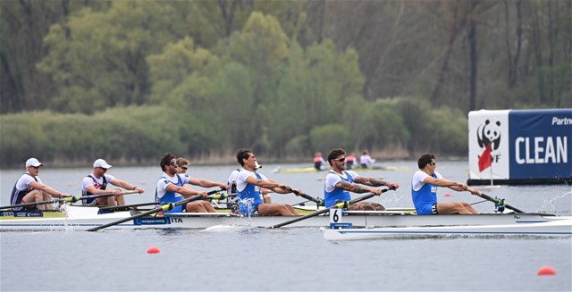 Marco Di Costanzo (b), Giovanni Abagnale, Bruno Rosetti, Matteo Castaldo (s), Men's Four, Italy, 2021 European Rowing Championships, Varese, Italy / Detlev Seyb/MyRowingPhoto.com