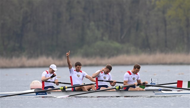 Vasily Stepanov (b), Maksim Golubev, Ilia Ivanov, Dmitry Kuznetsov (s), Men's Four, Russian Federation, 2021 European Rowing Championships, Varese, Italy / Detlev Seyb/MyRowingPhoto.com