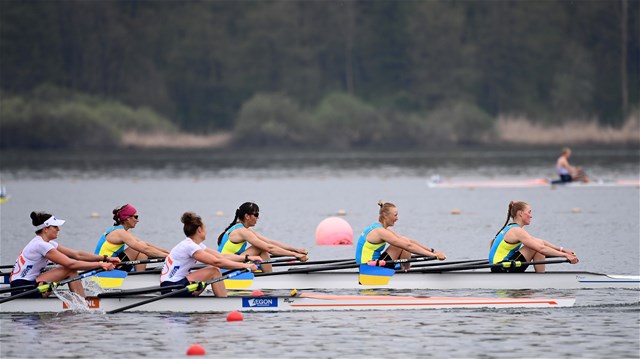 Natalia Mykhailova (b), Nataliya Dovgodko, Anastasiia Kozhenkova, Kateryna Dudchenko (s), Women's Quadruple Sculls, Ukraine, 2021 European Rowing Championships, Varese, Italy / Detlev Seyb/MyRowingPhoto.com