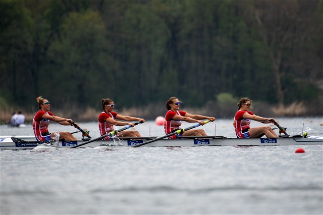 Joanna Dittmann (b), Olga Michalkiewicz, Monika Chabel, Maria Wierzbowska (s), Women's Four, Poland, 2021 European Rowing Championships, Varese, Italy / Benedict Tufnell