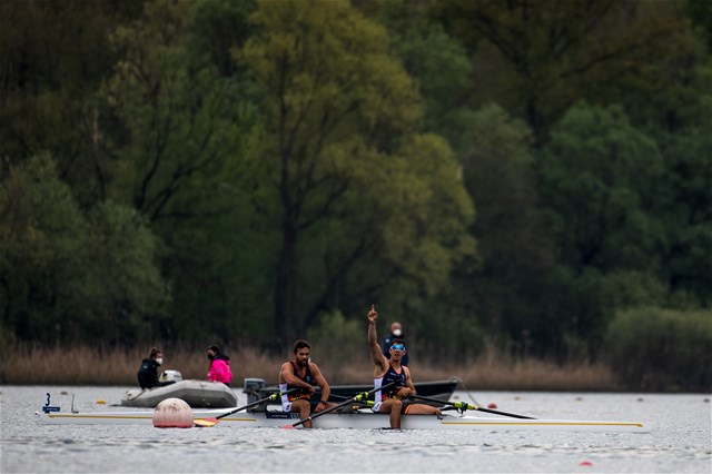 Rodrigo Conde Romero (b), Aleix Garci Garcia Pujolar (s), Men's Double Sculls, Spain, 2021 European Rowing Championships, Varese, Italy / Benedict Tufnell