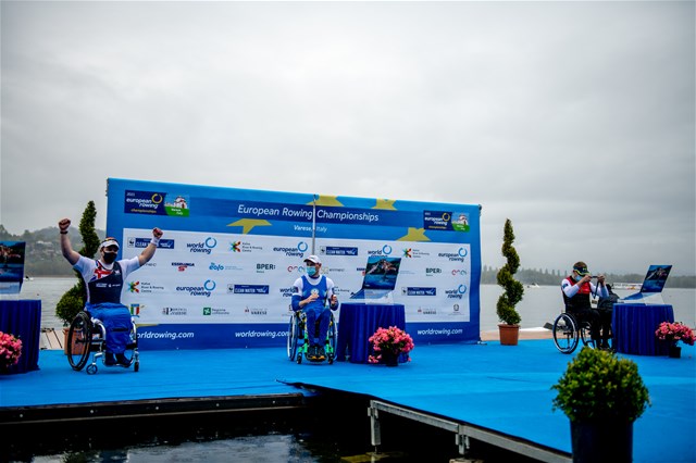 Roman Polianskyi, Ukraine, Gold, Benjamin Pritchard, Great Britain, Silver, Marcus Klemp, Germany, Bronze, PR1 Mens Single Sculls, 2021 European Rowing Championships, Varese, Italy / Benedict Tufnell