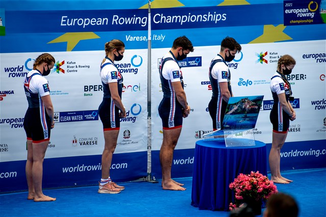 Ellen Buttrick (b), Giedre Rakauskaite, James C. Fox, Oliver Stanhope (s), Erin Kennedy (c), PR3 Mixed coxed four , Great Britain, 2021 European Rowing Championships, Varese, Italy / Benedict Tufnell
