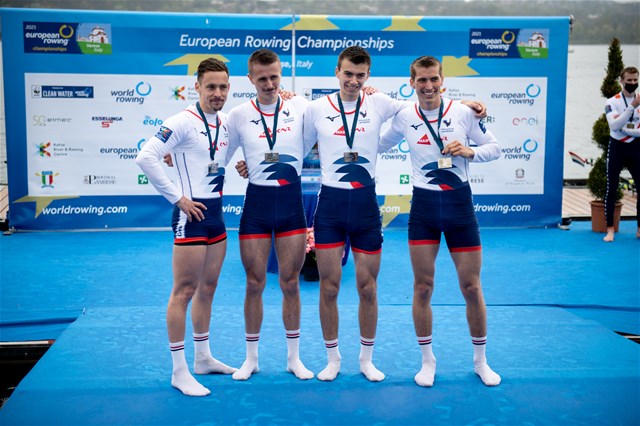 Benjamin David (b), Baptiste Savaete, Victor Marcelot, Ferdinand Ludwig (s), Lightweight Men's Quadruple Sculls, France, 2021 European Rowing Championships, Varese, Italy / Benedict Tufnell