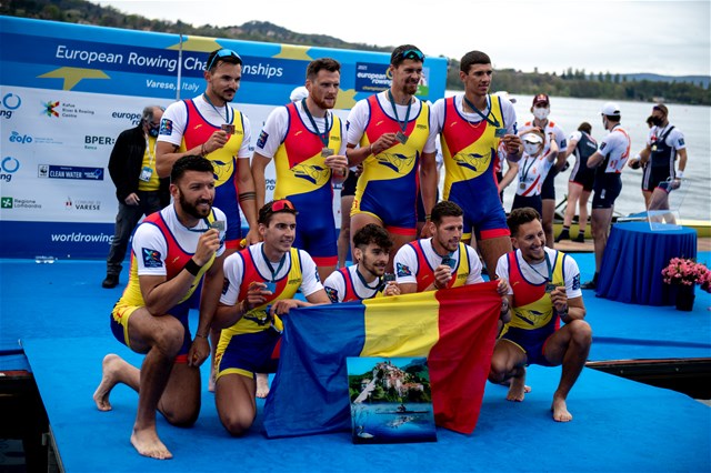 Alexandru Chioseaua (b), Florin-Sorin Lehaci, Constantin Radu, Sergiu-Vasile Bejan, Vlad-Dragos Aicoboae, Constantin Adam, Florin Arteni-Fintinariu, Ciprian Huc (s), Adrian Munteanu (c), Men's Eight, Romania, 2021 European Rowing Championships, Varese, Italy / Benedict Tufnell