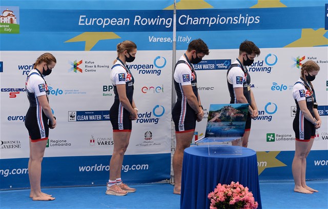 Ellen Buttrick (b), Giedre Rakauskaite, James C. Fox, Oliver Stanhope (s), Erin Kennedy (c), PR3 Mixed coxed four , Great Britain, 2021 European Rowing Championships, Varese, Italy / Detlev Seyb/MyRowingPhoto.com