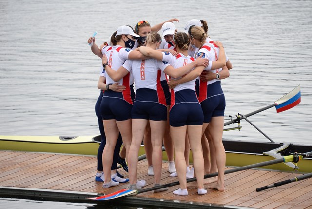 Elena Daniliuk (b), Elizaveta Kovina, Ekaterina Sevostianova, Anna Karpova, Ekaterina Potapova, Anastasia Tikhanova, Olga Zaruba, Elizaveta Kornienko (s), Elizaveta Krylova (c), Women's Eight, Russian Federation, 2021 European Rowing Championships, Varese, Italy / Detlev Seyb/MyRowingPhoto.com