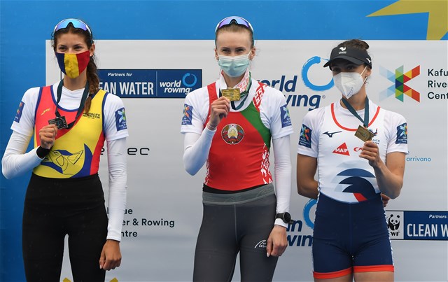 Alena Furman, Belarus, Gold, Gianina-Elena Beleaga, Romania, Silver, Claire Bove, France, Bronze, Lightweight Women's Single Sculls,, 2021 European Rowing Championships, Varese, Italy / Detlev Seyb/MyRowingPhoto.com