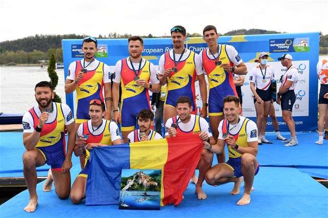 Alexandru Chioseaua (b), Florin-Sorin Lehaci, Constantin Radu, Sergiu-Vasile Bejan, Vlad-Dragos Aicoboae, Constantin Adam, Florin Arteni-Fintinariu, Ciprian Huc (s), Adrian Munteanu (c), Men's Eight, Romania, 2021 European Rowing Championships, Varese, Italy / Detlev Seyb/MyRowingPhoto.com