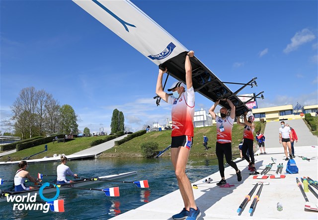 Mateusz Wilangowski (b), Mikolaj Burda, Marcin Brzezinski, Michal Szpakowski (s), Men's Four, Poland, 2021 World Rowing Cup I, Zagreb, Croatia