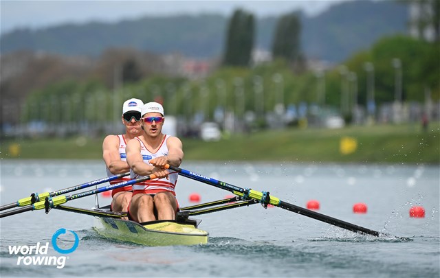 Barnabe Delarze (b), Roman Roeoesli (s), Men's Double Sculls, Switzerland, 2021 World Rowing Cup I, Zagreb, Croatia