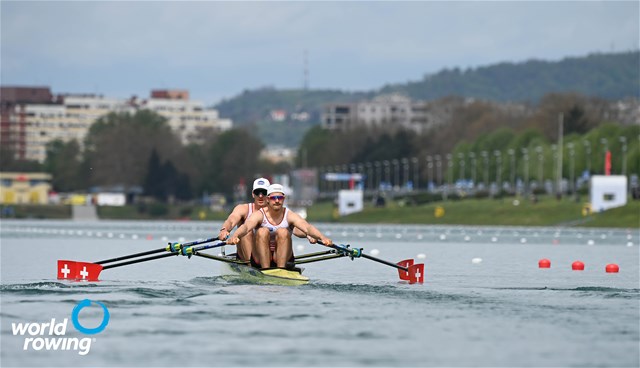 Barnabe Delarze (b), Roman Roeoesli (s), Men's Double Sculls, Switzerland, 2021 World Rowing Cup I, Zagreb, Croatia