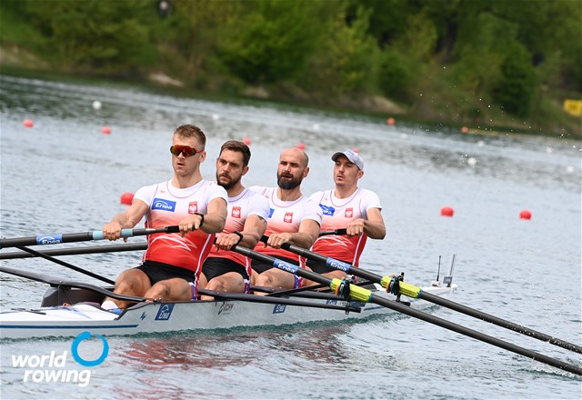 Mateusz Wilangowski (b), Mikolaj Burda, Marcin Brzezinski, Michal Szpakowski (s), Men's Four, Poland, 2021 World Rowing Cup I, Zagreb, Croatia