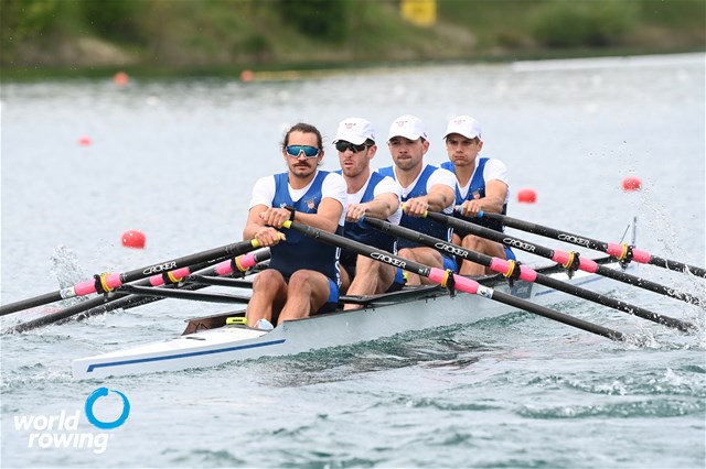 Sorin Koszyk (b), Eliot Putnam, Justin Keen, Charles Anderson (s), Men's Quadruple Sculls, United States of America, 2021 World Rowing Cup I, Zagreb, Croatia