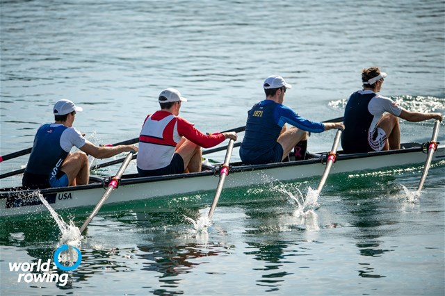 Sorin Koszyk (b), Eliot Putnam, Justin Keen, Charles Anderson (s), Men's Quadruple Sculls, United States of America, 2021 World Rowing Cup I, Zagreb, Croatia