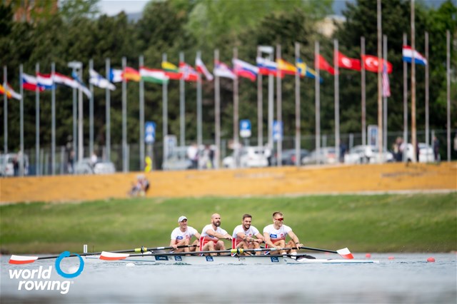 Mateusz Wilangowski (b), Mikolaj Burda, Marcin Brzezinski, Michal Szpakowski (s), Men's Four, Poland, 2021 World Rowing Cup I, Zagreb, Croatia