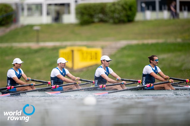 Sorin Koszyk (b), Eliot Putnam, Justin Keen, Charles Anderson (s), Men's Quadruple Sculls, United States of America, 2021 World Rowing Cup I, Zagreb, Croatia