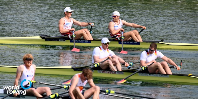 Barnabe Delarze (b), Roman Roeoesli (s), Men's Double Sculls, Switzerland, 2021 World Rowing Cup I, Zagreb, Croatia / Detlev Seyb/MyRowingPhoto.com