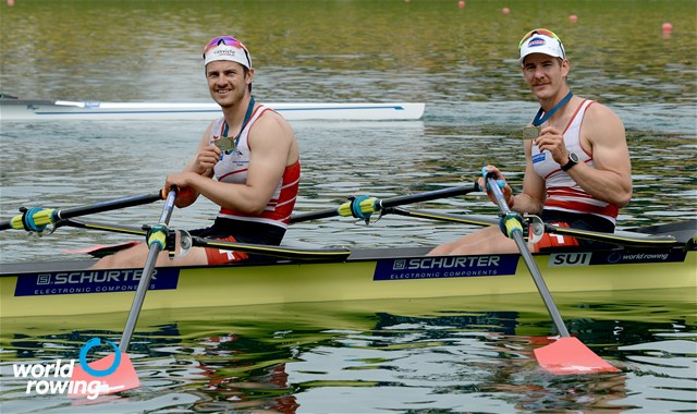 Barnabe Delarze (b), Roman Roeoesli (s), Men's Double Sculls, Switzerland, 2021 World Rowing Cup I, Zagreb, Croatia / Detlev Seyb/MyRowingPhoto.com