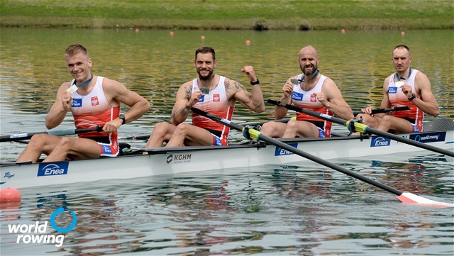 Mateusz Wilangowski (b), Mikolaj Burda, Marcin Brzezinski, Michal Szpakowski (s), Men's Four, Poland, silver, 2021 World Rowing Cup I, Zagreb, Croatia / Detlev Seyb/MyRowingPhoto.com