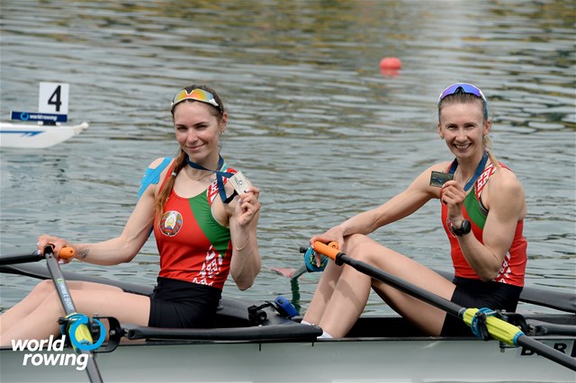 Tatsiana Hancharova (b), Alena Furman (s), Lightweight Women's Double Sculls, Belarus, silver, 2021 World Rowing Cup I, Zagreb, Croatia / Detlev Seyb/MyRowingPhoto.com