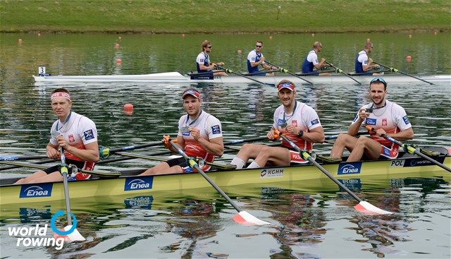 Dominik Czaja (b), Wiktor Chabel, Szymon Posnik, Fabian Baranski (s), Men's Quadruple Sculls, Poland, 2021 World Rowing Cup I, Zagreb, Croatia / Detlev Seyb/MyRowingPhoto.com
